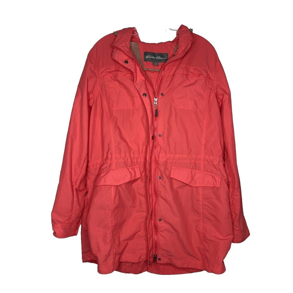 Eddie Bauer Rain Jacket Women XL Red Hooded Long Sleeve Pockets Zip Snap Front‎
